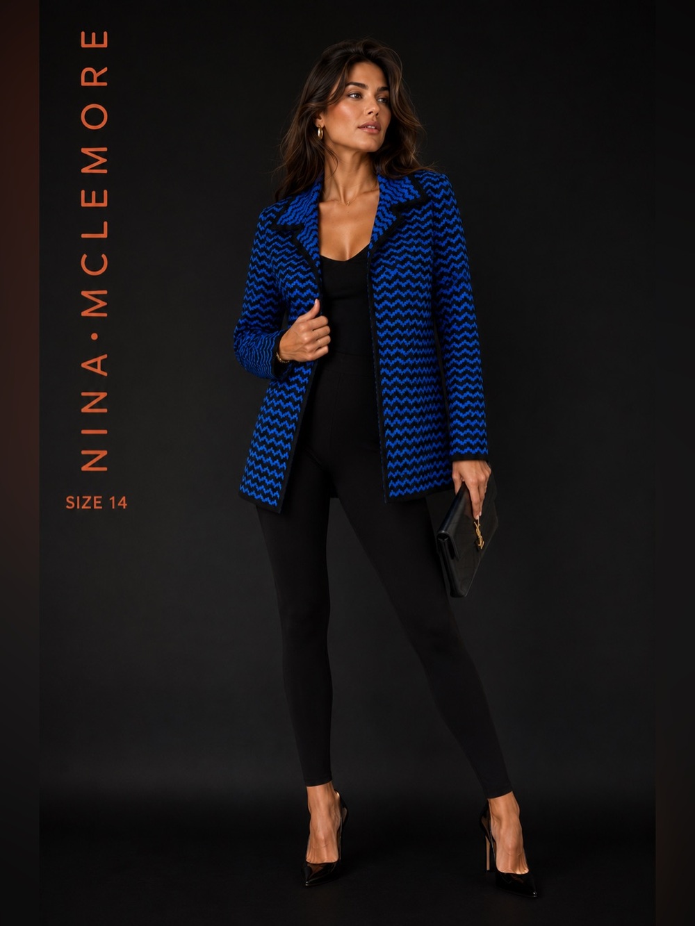 Nina McLemore Designer Blazer Blue Black Chevron Knit Women’s Jacket Size 14